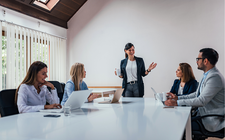 Business meeting with engaged team discussion