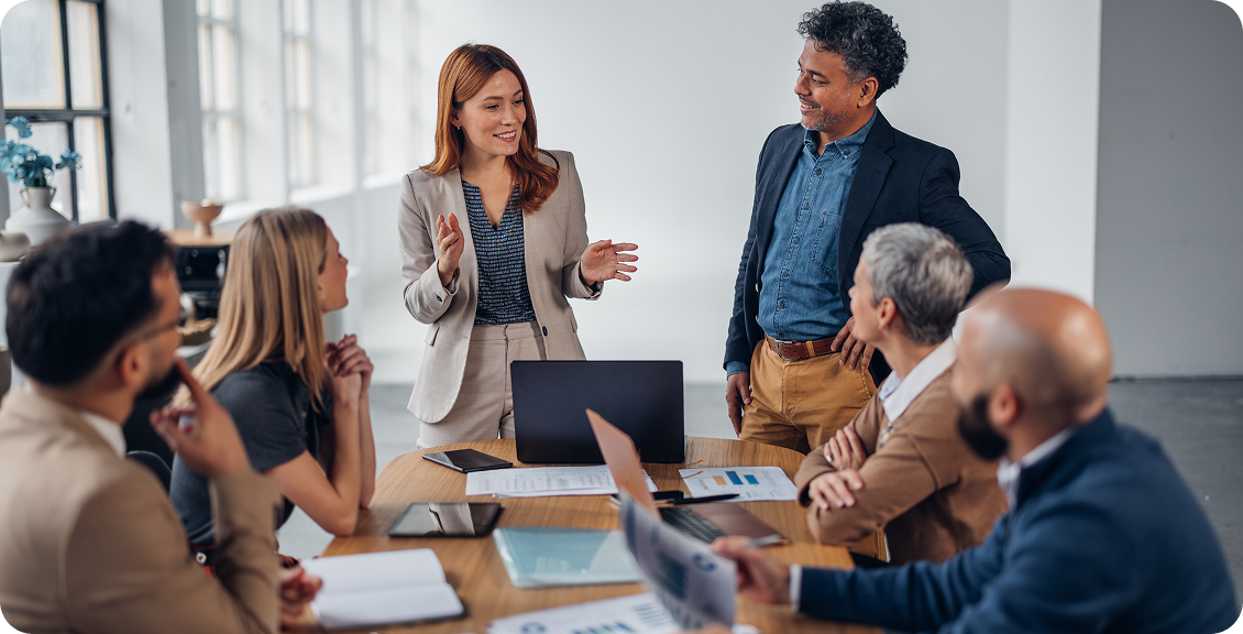 Business meeting with diverse team discussion