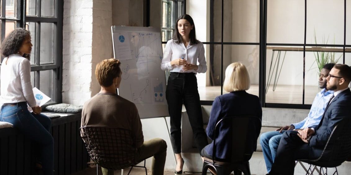 Group discussion in modern office